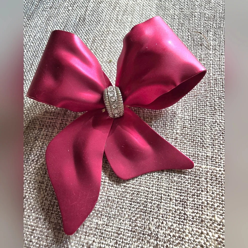 Red Christmas Bow Brooch with Rhinestone Accent
